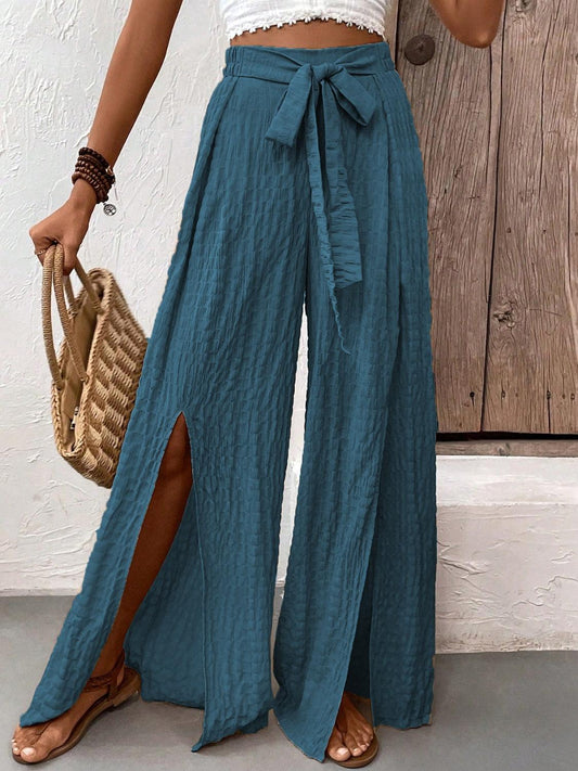 Honey Tied Slit Wide Leg Pants Pants French Blue / S The Nichole Collection