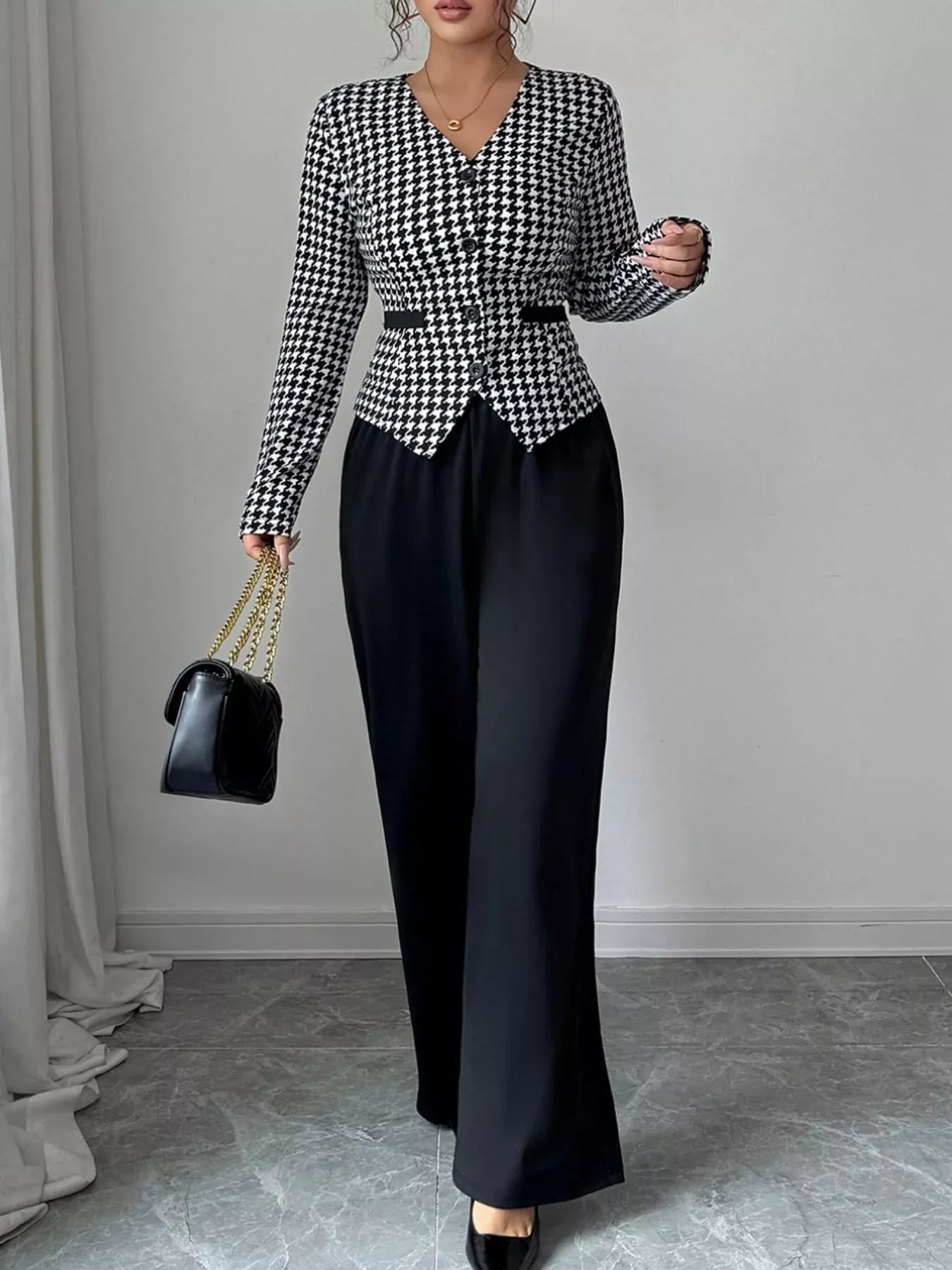 Houndstooth Blazer & Wide Leg Pants Set Women's Sets The Nichole Collection