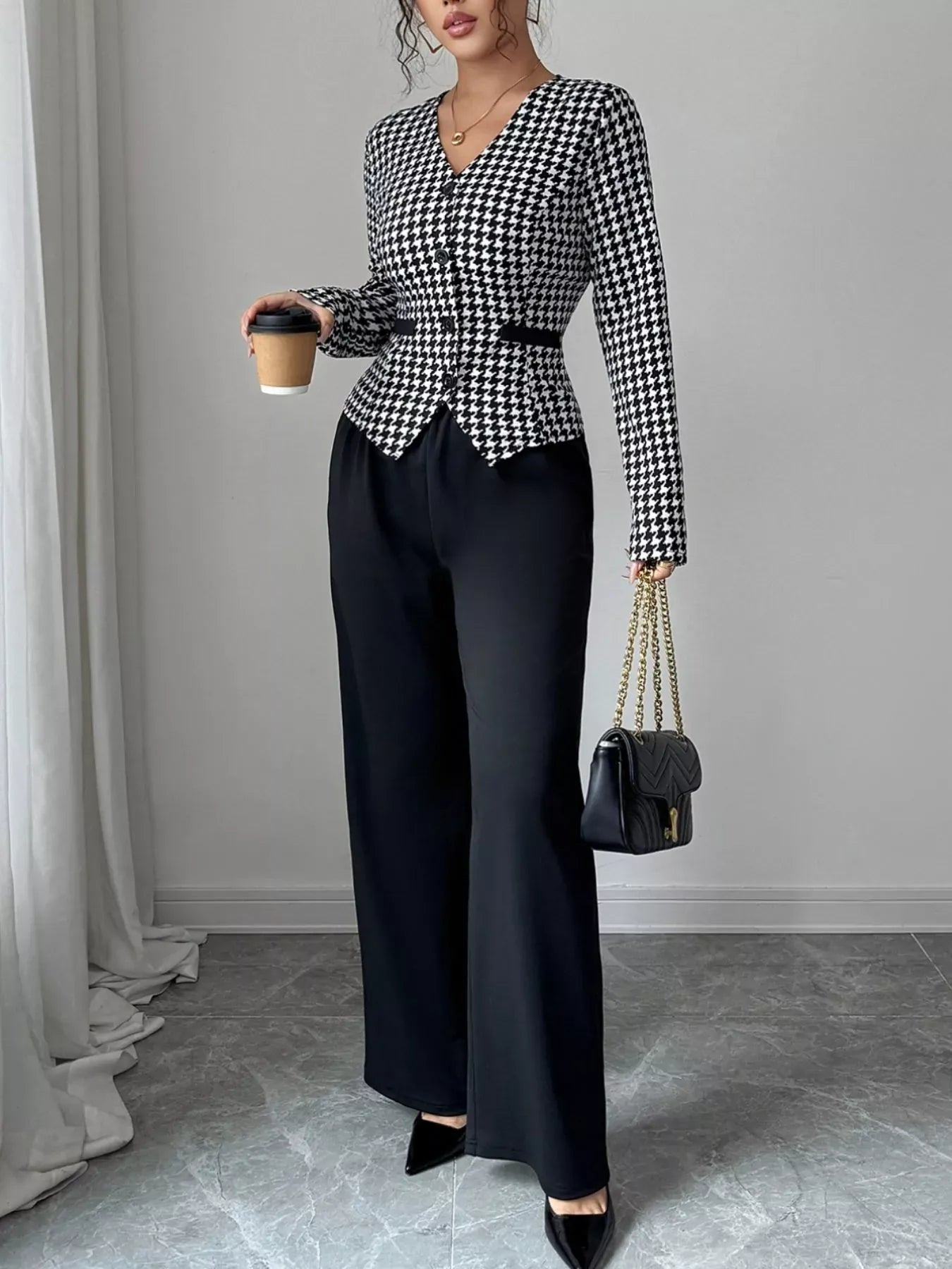 Houndstooth Blazer & Wide Leg Pants Set Women's Sets Black / S The Nichole Collection