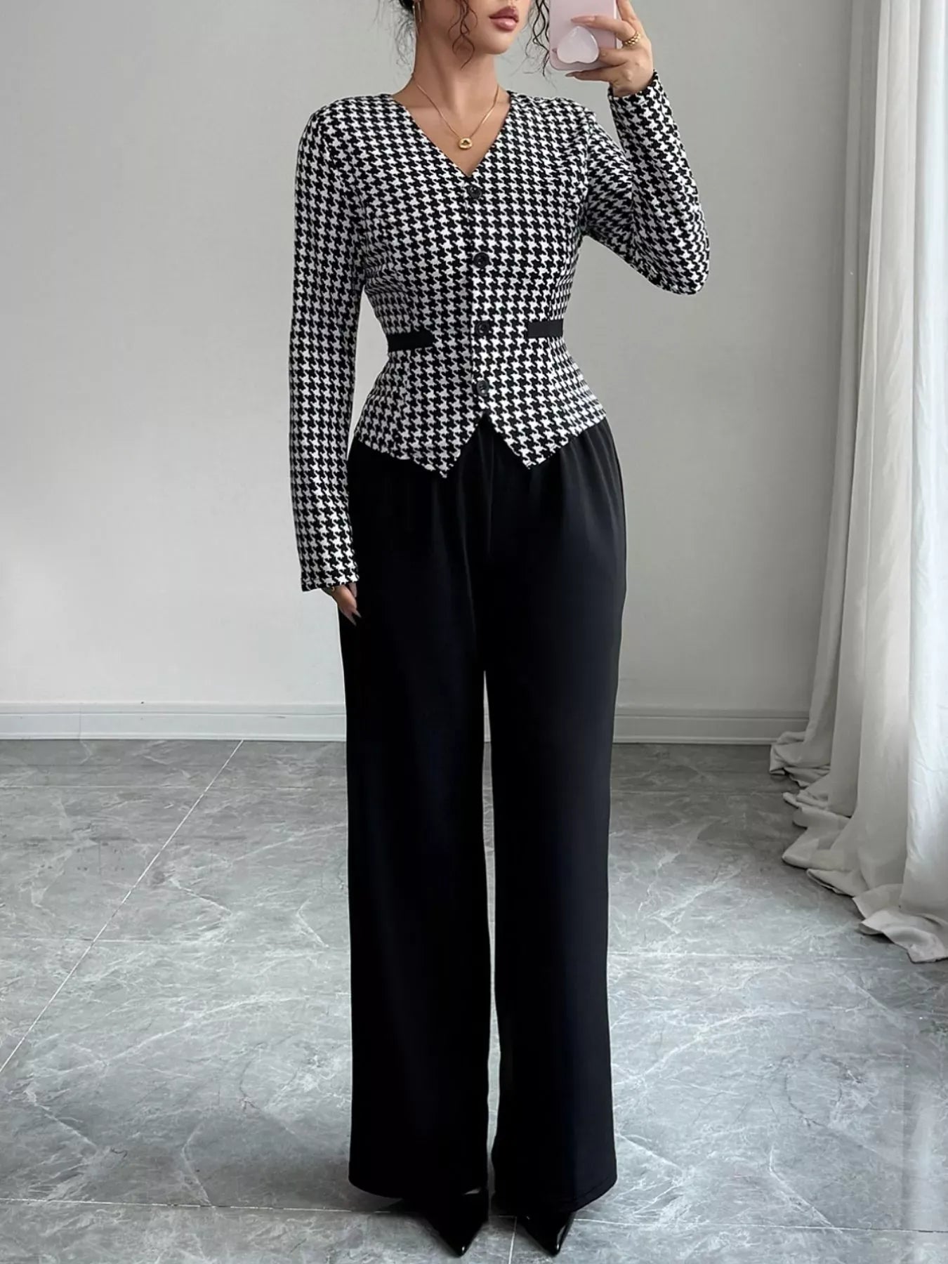 Houndstooth Blazer & Wide Leg Pants Set Women's Sets The Nichole Collection