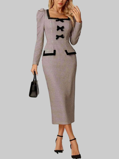 Houndstooth Bow Square Neck Dress Dresses Khaki / S The Nichole Collection