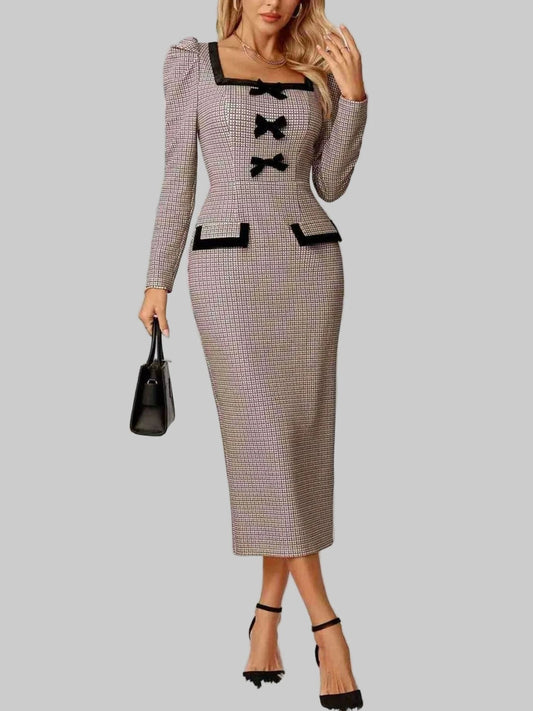 Houndstooth Bow Square Neck Dress Dresses Khaki / S The Nichole Collection