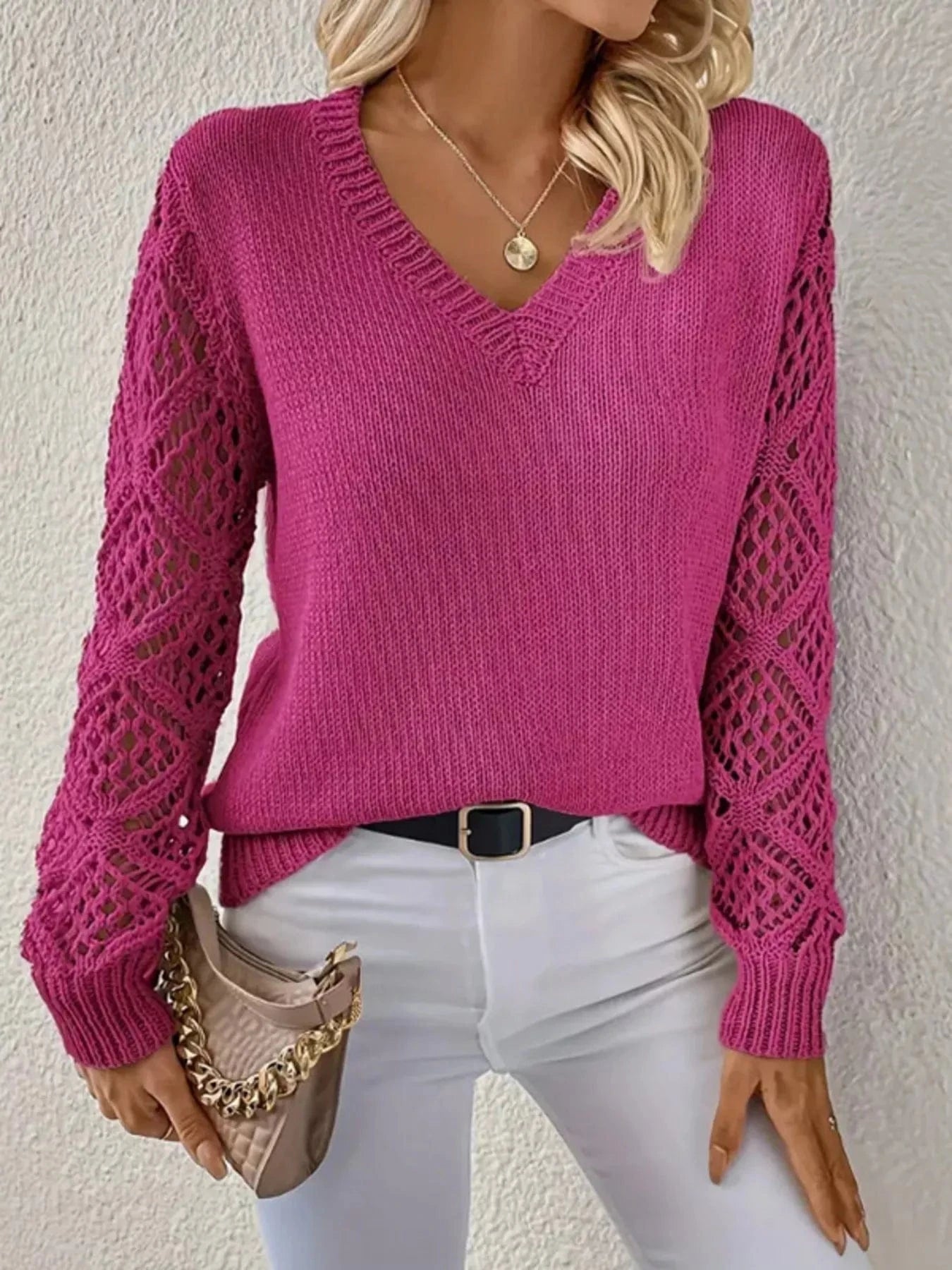Icon Openwork V-Neck Sweater Sweaters Deep Rose / S The Nichole Collection