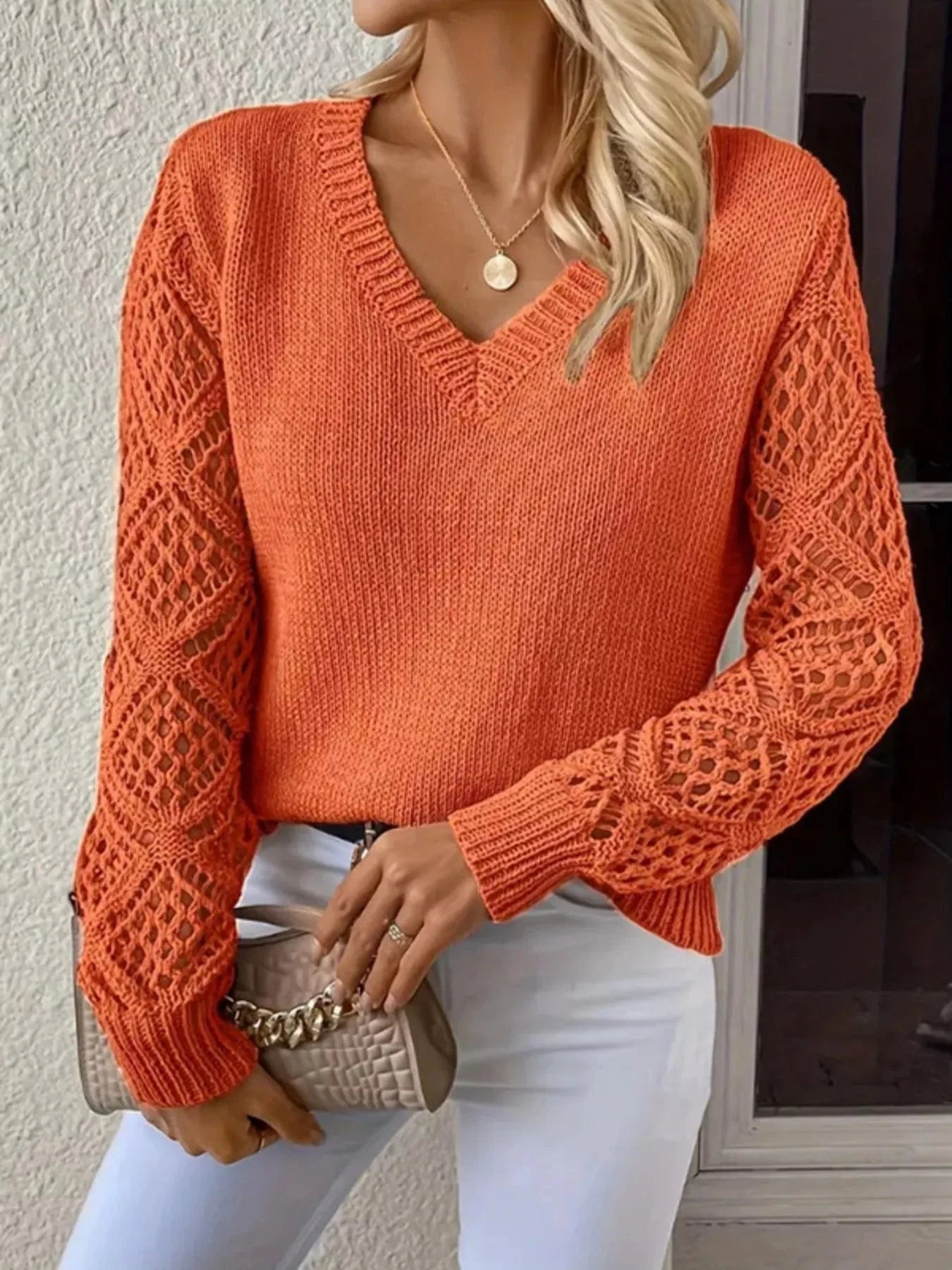 Icon Openwork V-Neck Sweater Sweaters The Nichole Collection