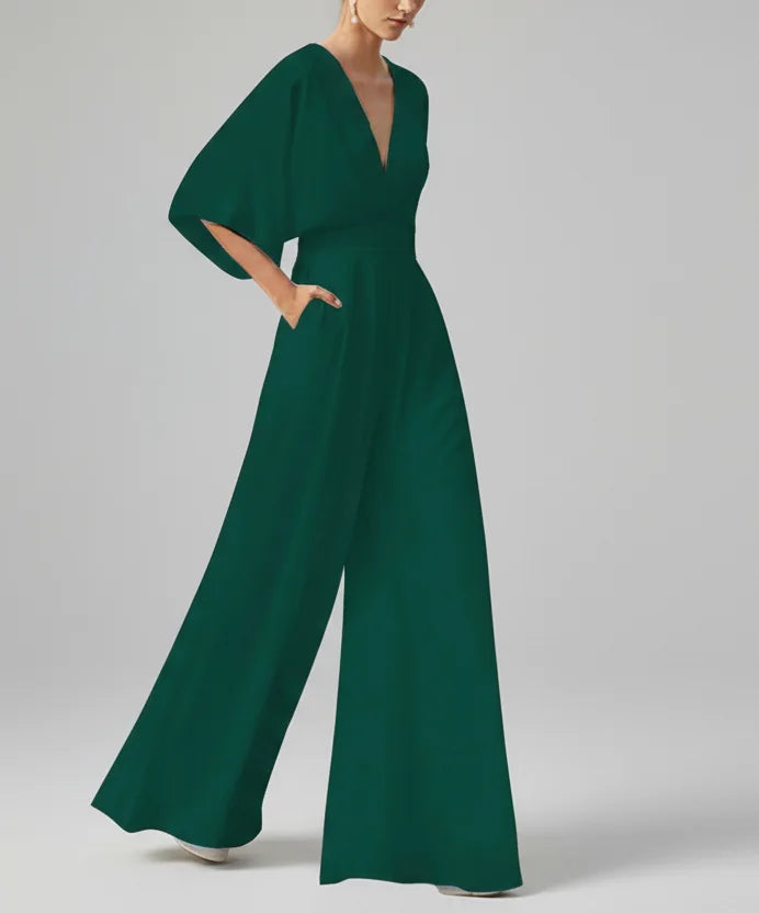 Italian Made Deep V-Neck Wide Leg Jumpsuit – Elegant High-Waist Style Green / S / United States The Nichole Collection