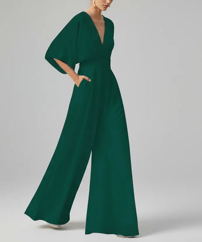 Italian Made Deep V-Neck Wide Leg Jumpsuit – Elegant High-Waist Style Green / S / United States The Nichole Collection