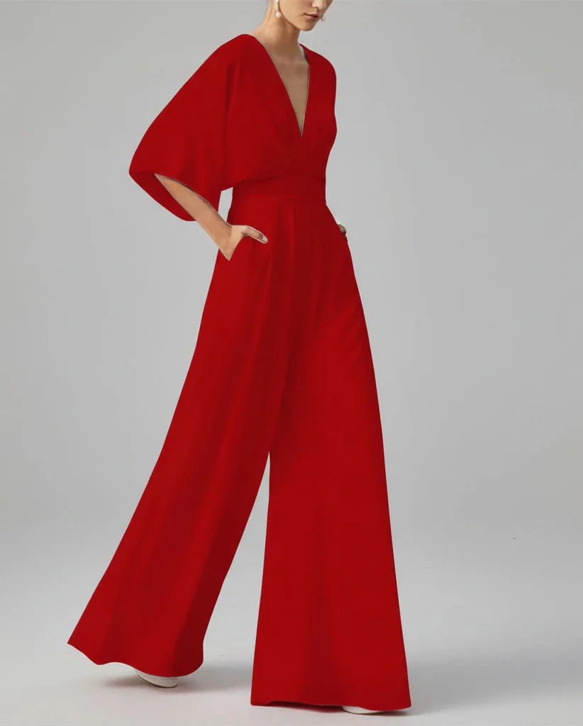 Italian Made Deep V-Neck Wide Leg Jumpsuit – Elegant High-Waist Style Red / S / United States The Nichole Collection