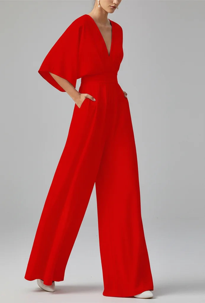 Italian Made Deep V-Neck Wide Leg Jumpsuit – Elegant High-Waist Style Summer Orange / S / United States The Nichole Collection
