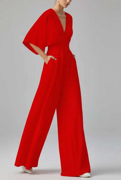 Italian Made Deep V-Neck Wide Leg Jumpsuit – Elegant High-Waist Style Summer Orange / S / United States The Nichole Collection