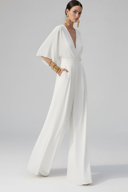 Italian Made Deep V-Neck Wide Leg Jumpsuit – Elegant High-Waist Style White / S / United States The Nichole Collection