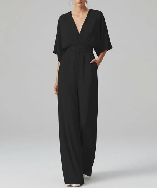 Italian Made Deep V-Neck Wide Leg Jumpsuit – Elegant High-Waist Style Black / S / United States The Nichole Collection