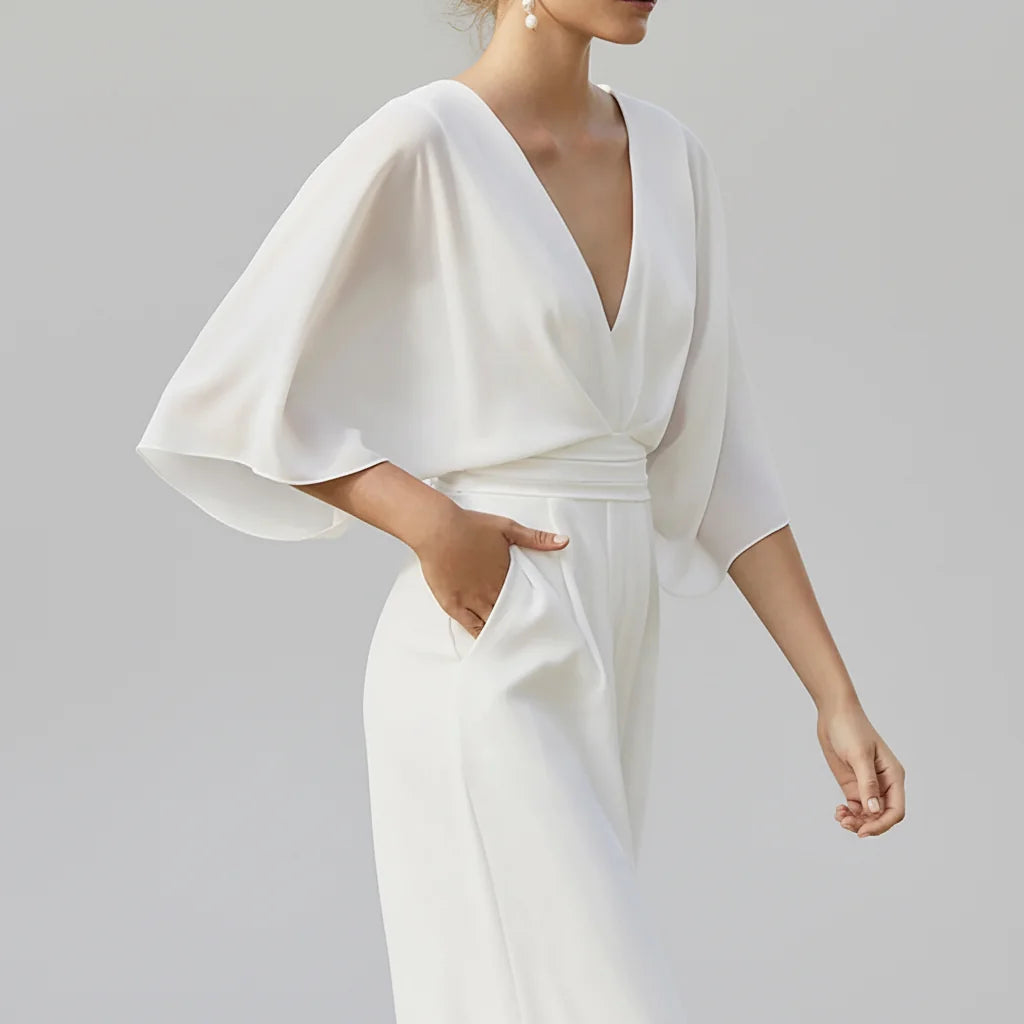 Italian Made Deep V-Neck Wide Leg Jumpsuit – Elegant High-Waist Style The Nichole Collection