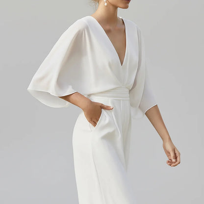 Italian Made Deep V-Neck Wide Leg Jumpsuit – Elegant High-Waist Style The Nichole Collection