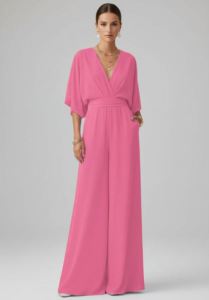 Italian Made Deep V-Neck Wide Leg Jumpsuit – Elegant High-Waist Style Pink / S / United States The Nichole Collection