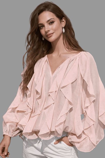 Kelp Leaf Ruffle Hem Blouse – Minimalist Sheer V-Neck Long Sleeve Top Pink / XS The Nichole Collection