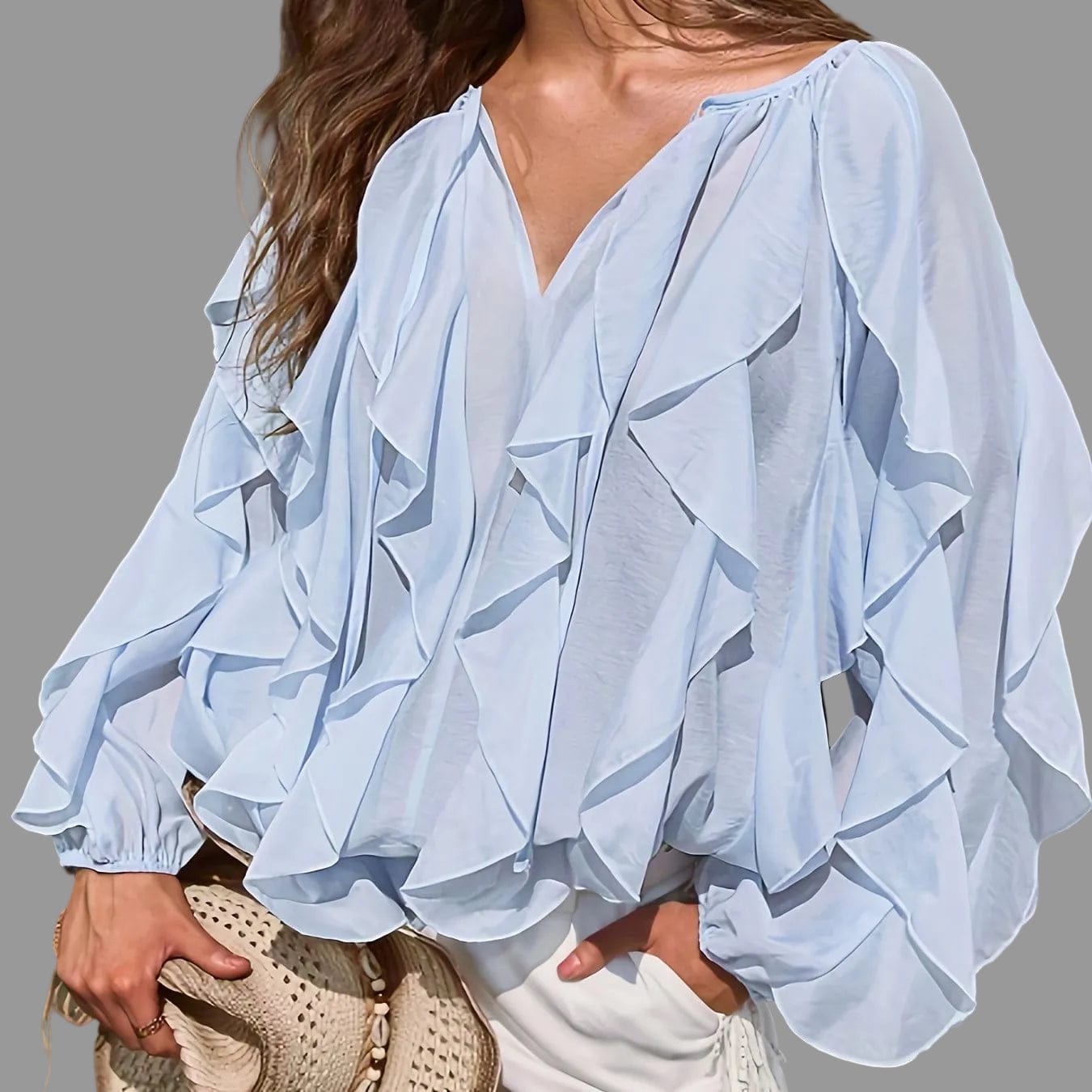 Kelp Leaf Ruffle Hem Blouse – Minimalist Sheer V-Neck Long Sleeve Top Light Blue / XS The Nichole Collection