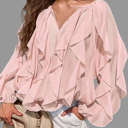Kelp Leaf Ruffle Hem Blouse – Minimalist Sheer V-Neck Long Sleeve Top The Nichole Collection