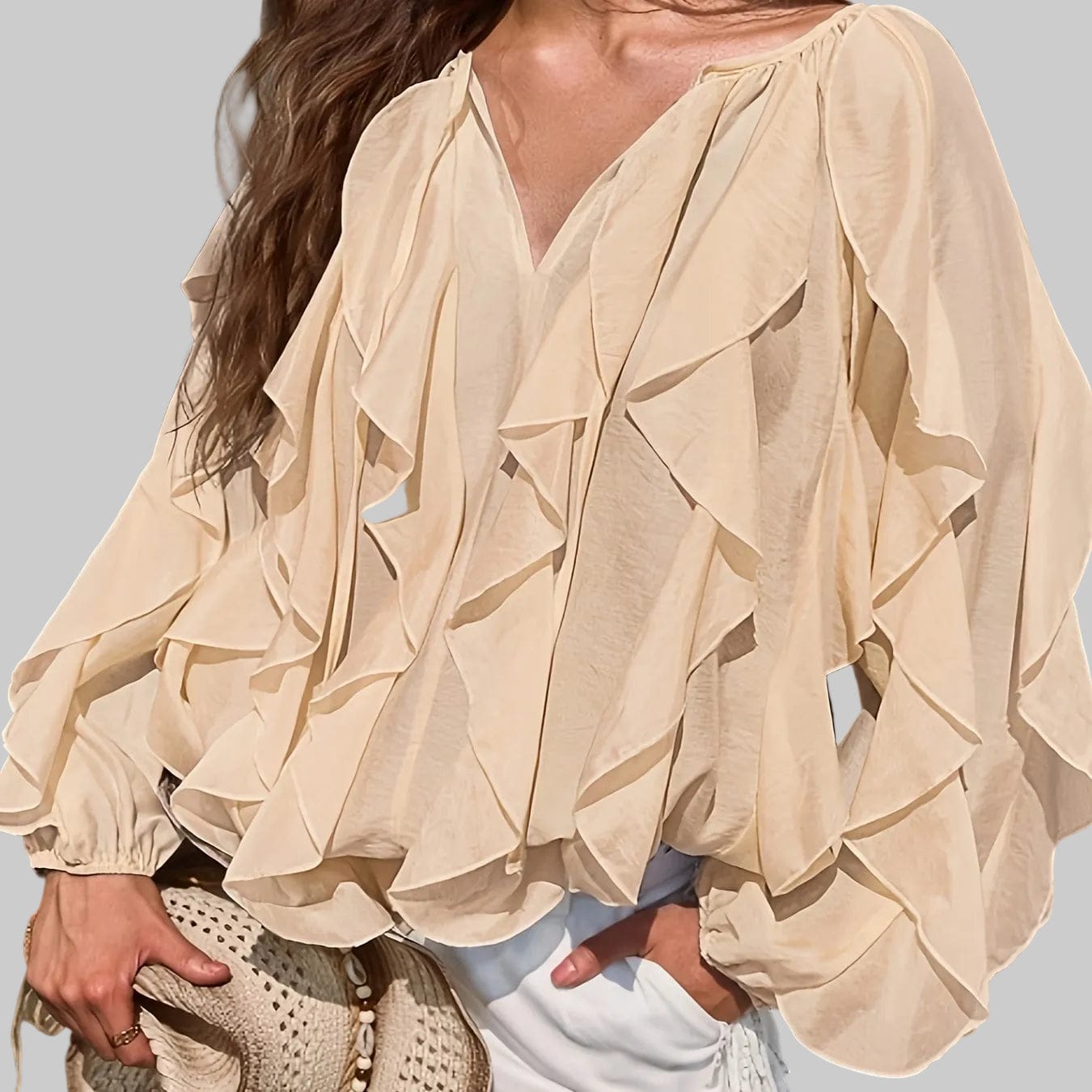 Kelp Leaf Ruffle Hem Blouse – Minimalist Sheer V-Neck Long Sleeve Top Apricot / XS The Nichole Collection