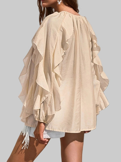 Kelp Leaf Ruffle Hem Blouse – Minimalist Sheer V-Neck Long Sleeve Top The Nichole Collection