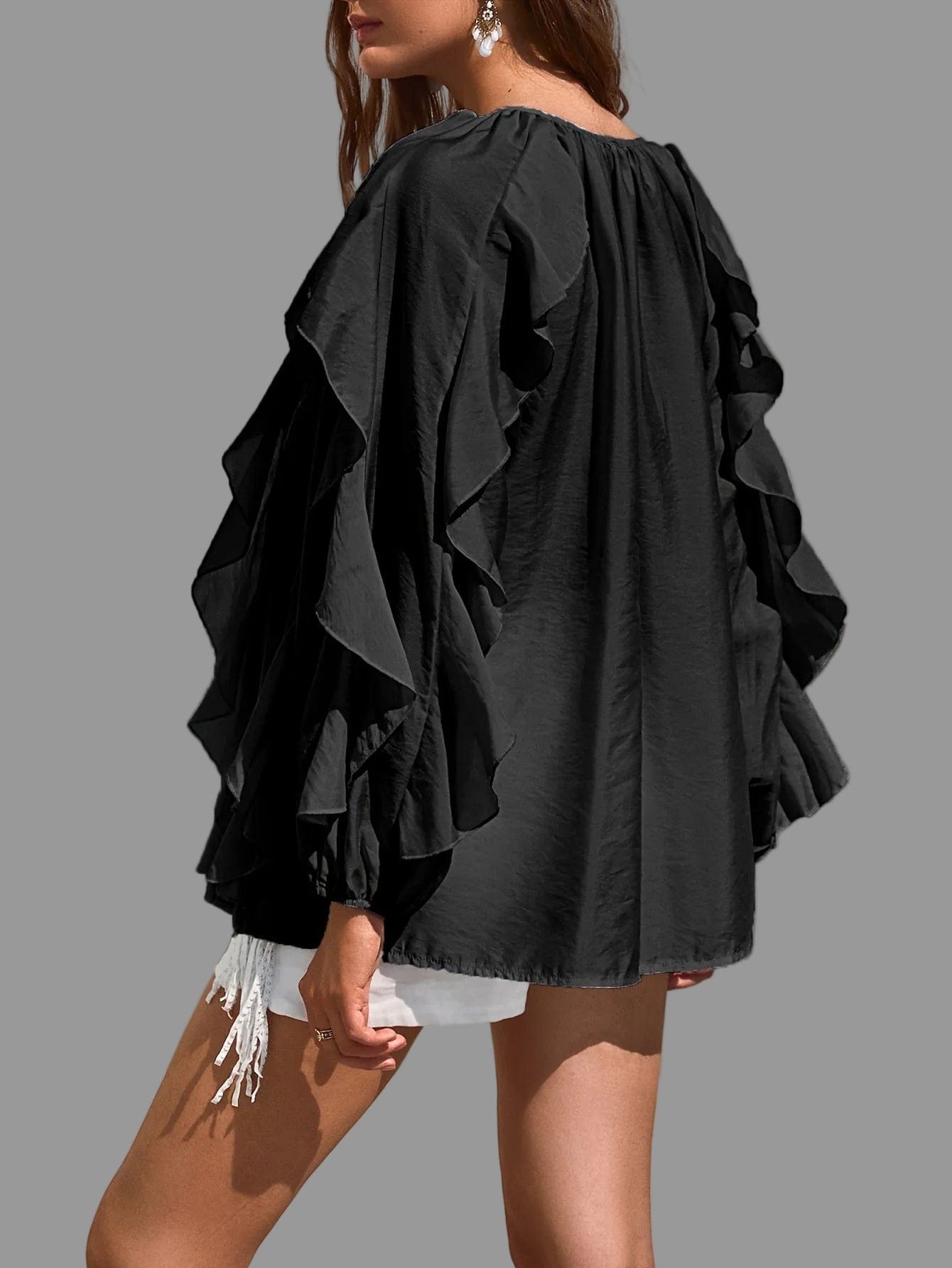 Kelp Leaf Ruffle Hem Blouse – Minimalist Sheer V-Neck Long Sleeve Top The Nichole Collection