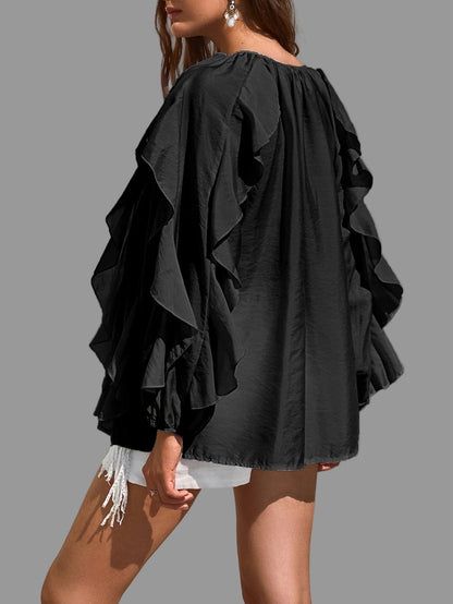 Kelp Leaf Ruffle Hem Blouse – Minimalist Sheer V-Neck Long Sleeve Top The Nichole Collection