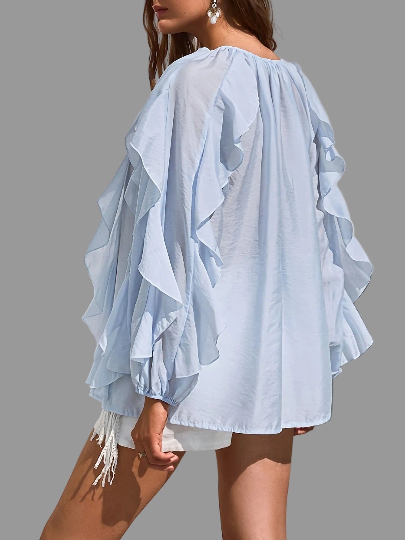 Kelp Leaf Ruffle Hem Blouse – Minimalist Sheer V-Neck Long Sleeve Top The Nichole Collection