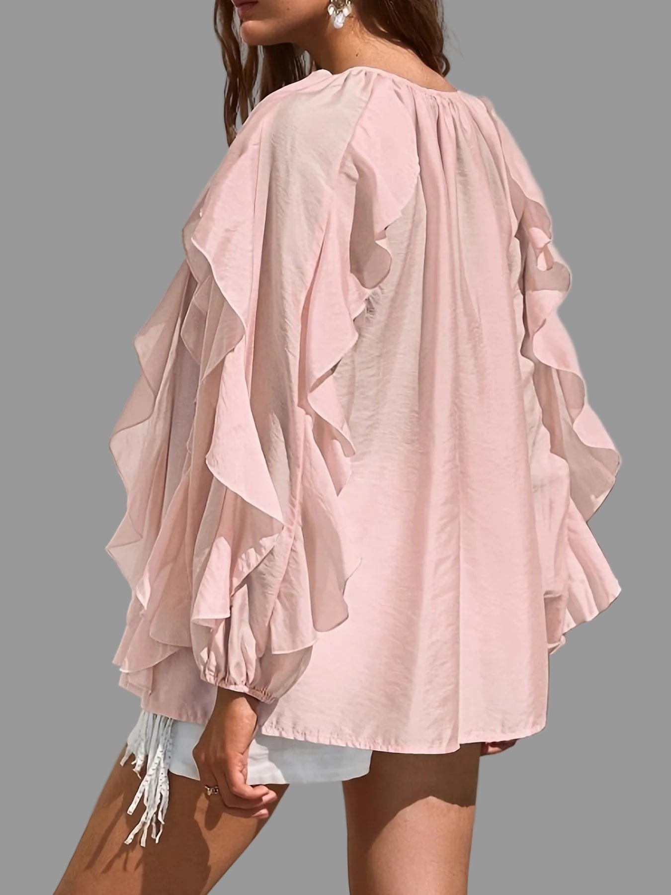 Kelp Leaf Ruffle Hem Blouse – Minimalist Sheer V-Neck Long Sleeve Top The Nichole Collection