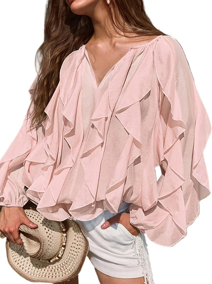 Kelp Leaf Ruffle Hem Blouse – Minimalist Sheer V-Neck Long Sleeve Top The Nichole Collection