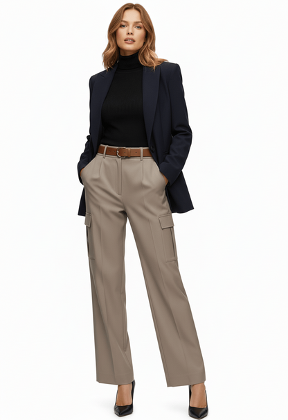 Khaki High-Waist Wide Leg Cargo Trousers S / Khaki The Nichole Collection