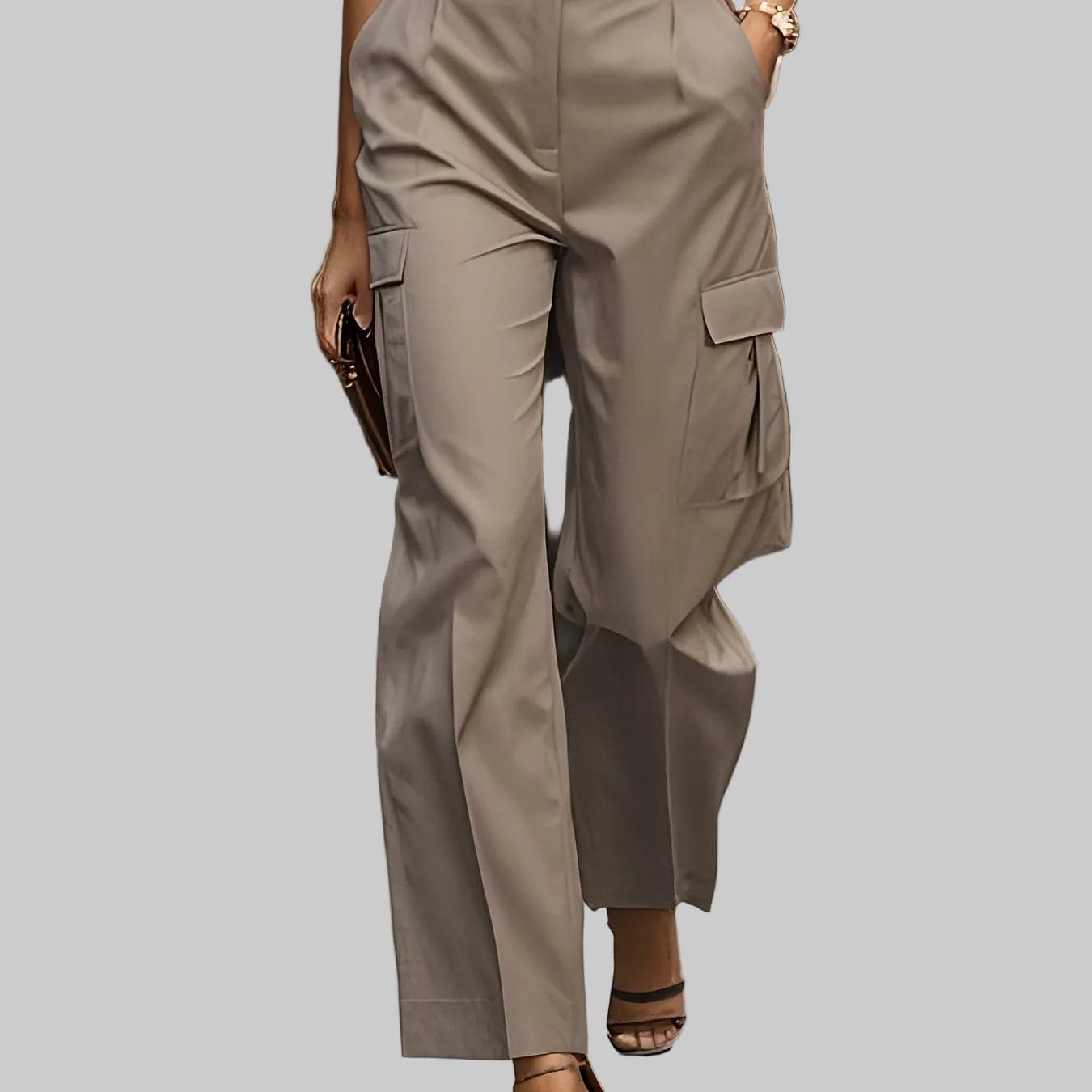 Khaki High-Waist Wide Leg Cargo Trousers The Nichole Collection