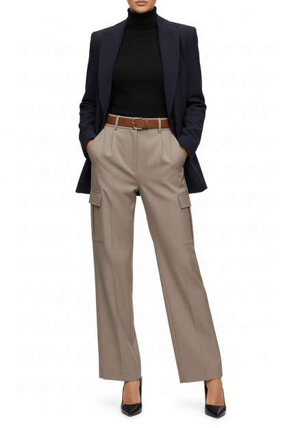 Khaki High-Waist Wide Leg Cargo Trousers The Nichole Collection