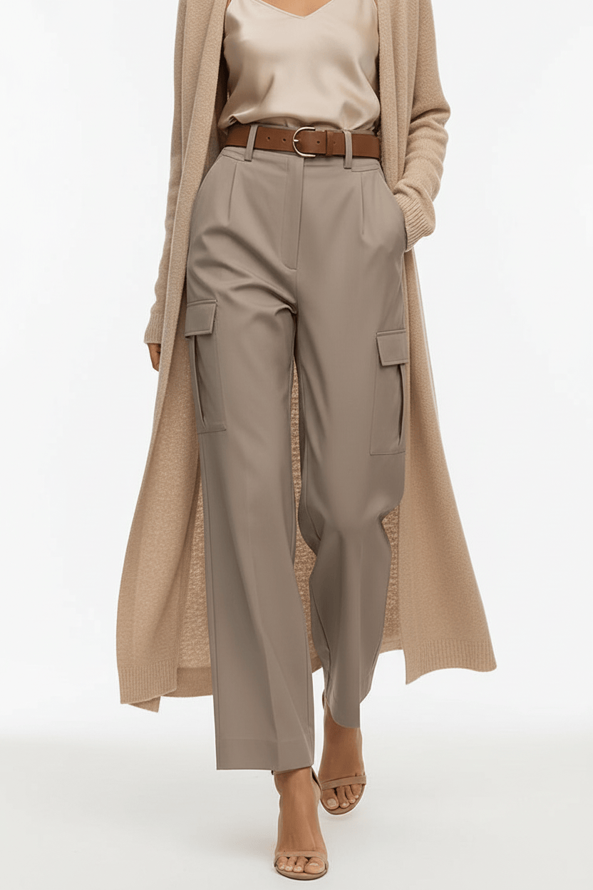 Khaki High-Waist Wide Leg Cargo Trousers The Nichole Collection