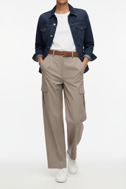 Khaki High-Waist Wide Leg Cargo Trousers The Nichole Collection