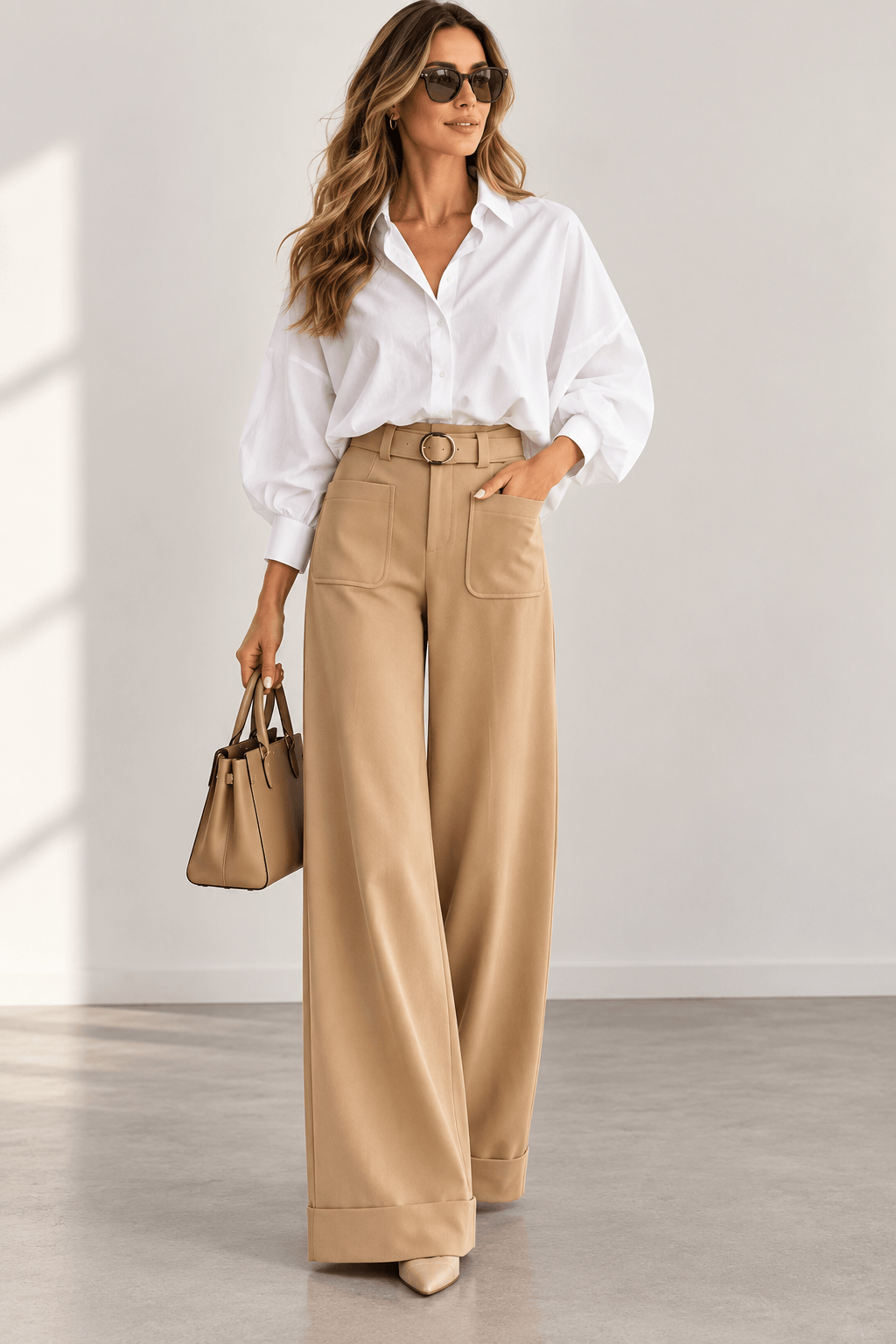 High-Waist Belted Wide-Leg Khaki Pants