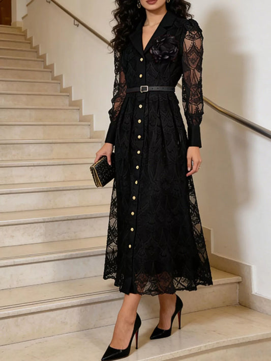 Lace Button Front Midi Dress Black / M The Nichole Collection - Official Site