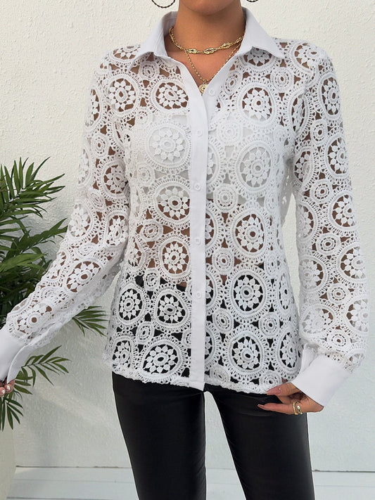 Lace Button Up Long Sleeve Shirt White / S THE NICHOLE COLLECTION - Official Site