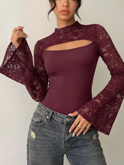 Lace Cut-out Flare Sleeve Bodysuit Burgundy / S The Nichole Collection - Official Site