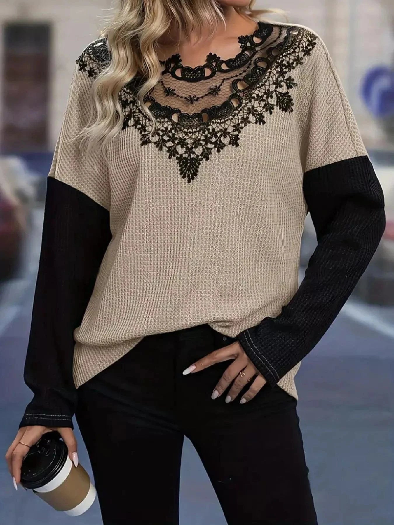 Lace Detail Color Block Long Sleeve T-Shirt Trendsi