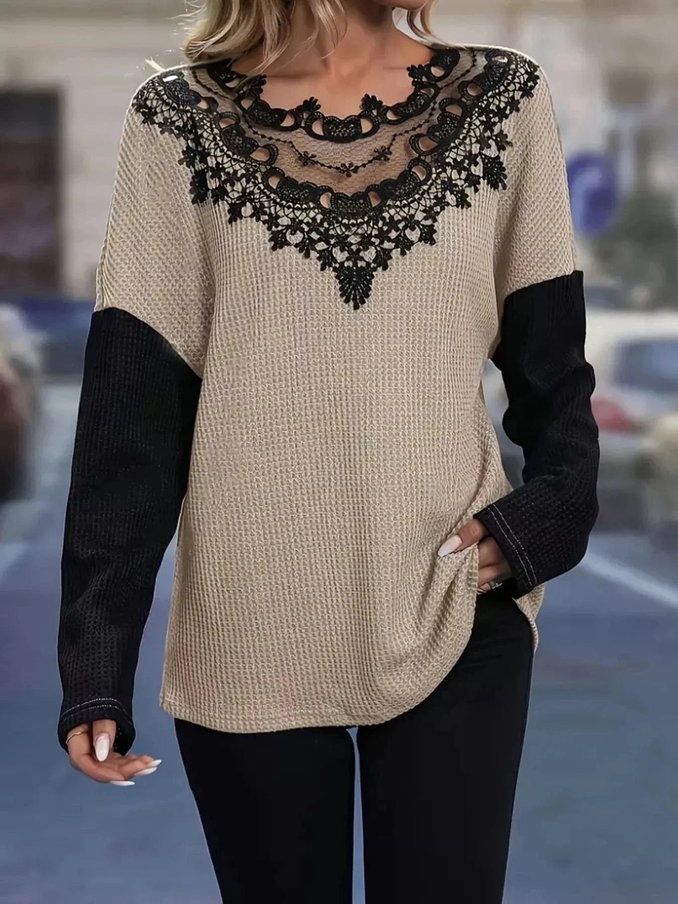 Lace Detail Color Block Long Sleeve T-Shirt Trendsi