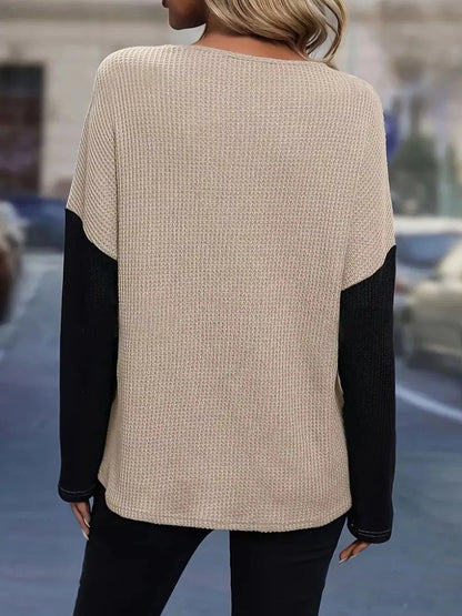 Lace Detail Color Block Long Sleeve T-Shirt Trendsi