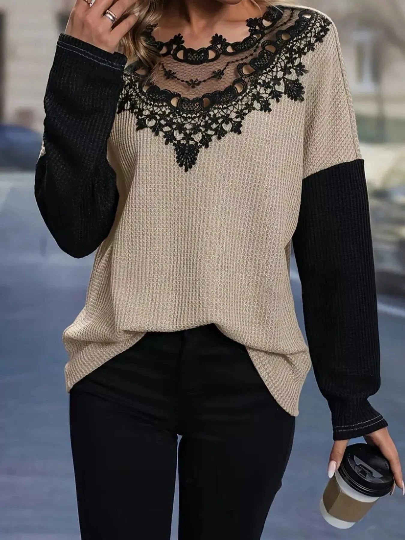 Lace Detail Color Block Long Sleeve T-Shirt Trendsi