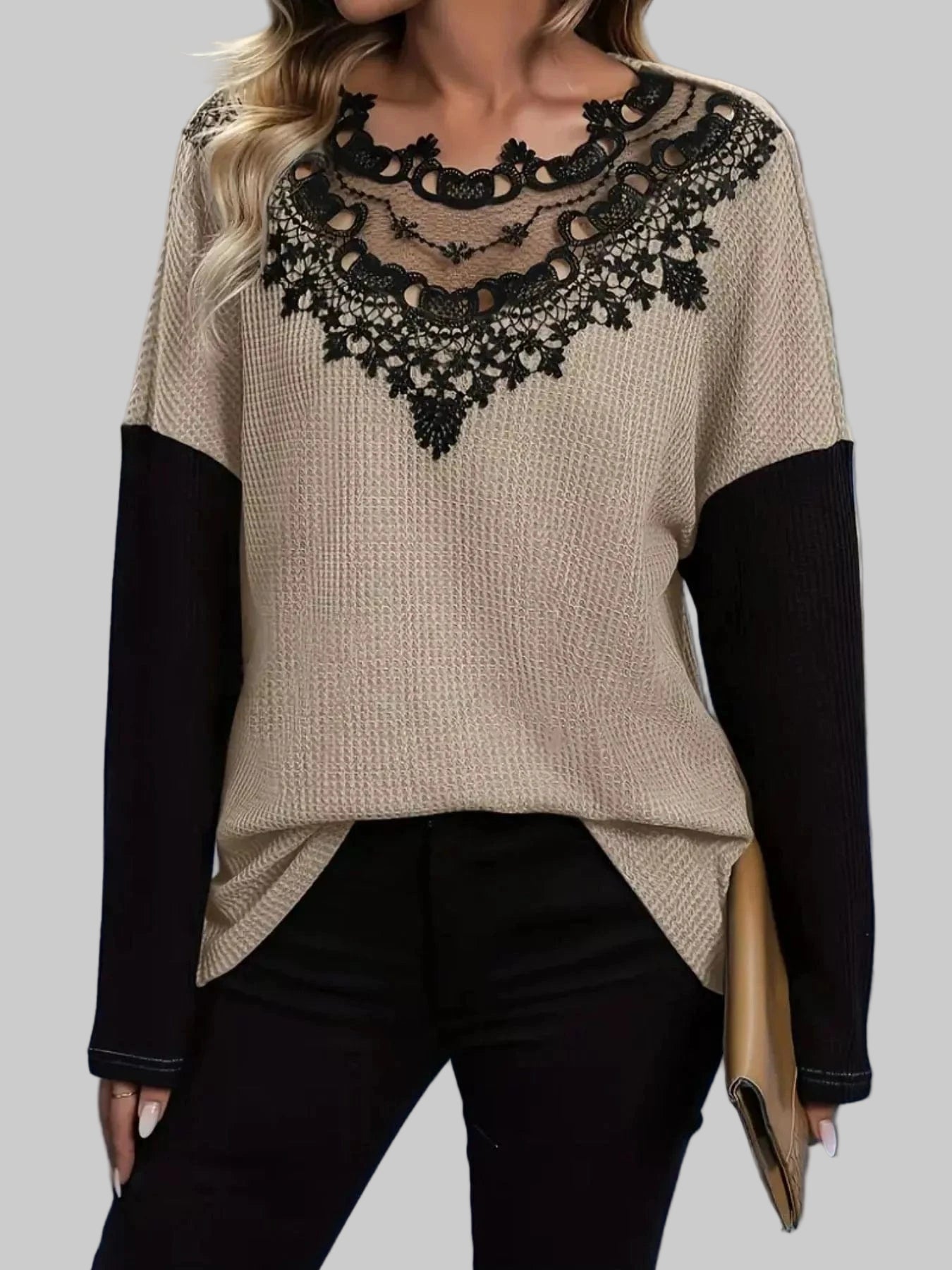 Lace Detail Color Block Long Sleeve T-Shirt Dust Storm / S Trendsi