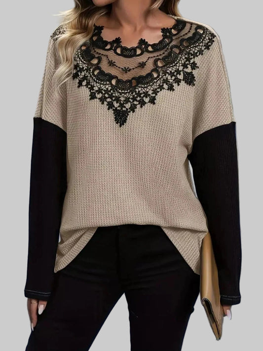Lace Detail Color Block Long Sleeve T-Shirt Dust Storm / S Trendsi