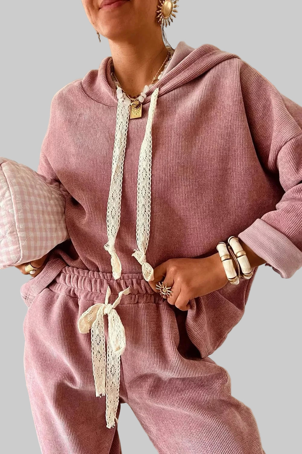 Lace Detail Dropped Shoulder Hoodie and Pants Set Trendsi