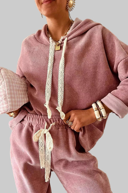 Lace Detail Dropped Shoulder Hoodie and Pants Set Trendsi
