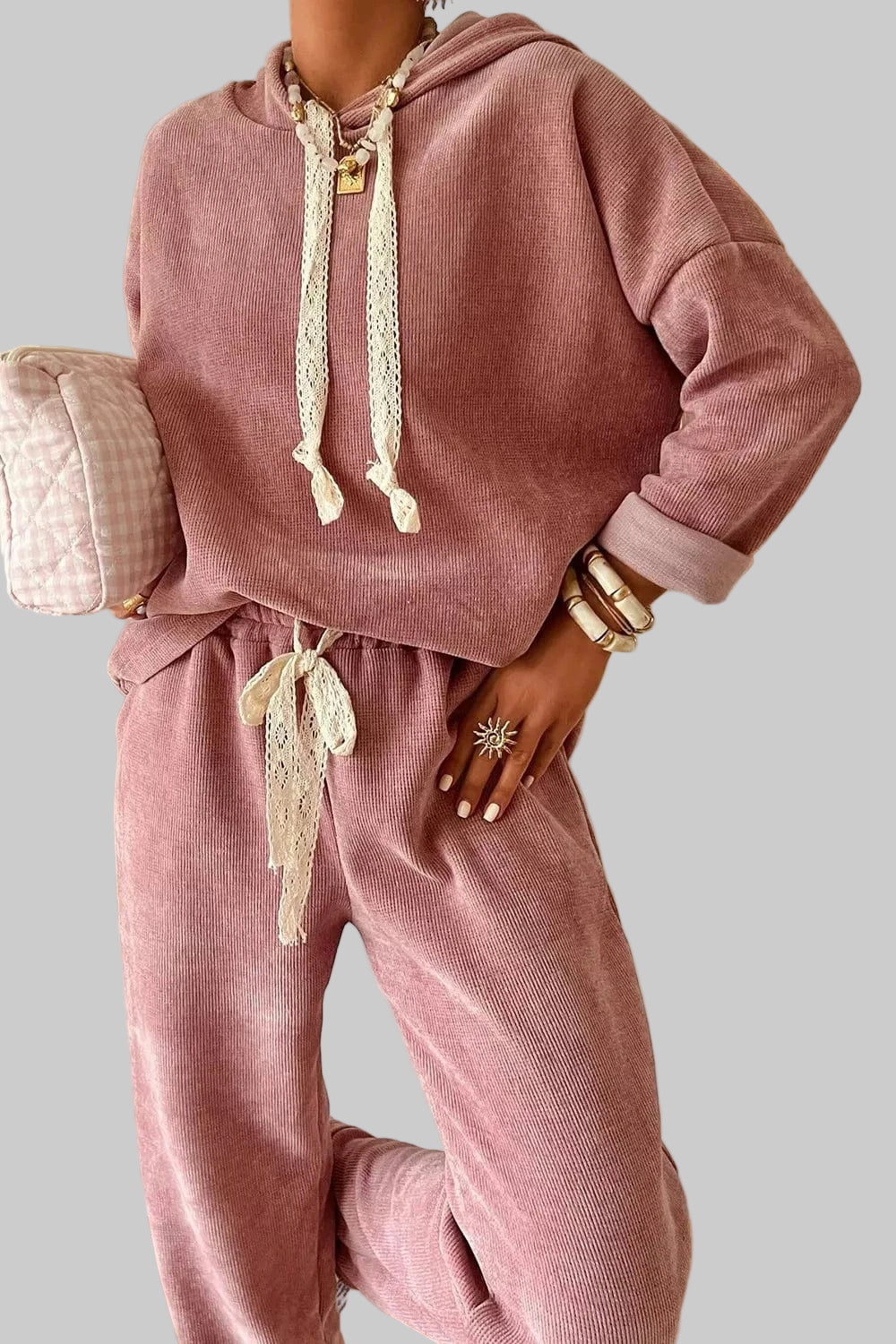 Lace Detail Dropped Shoulder Hoodie and Pants Set Dusty Pink / S Trendsi