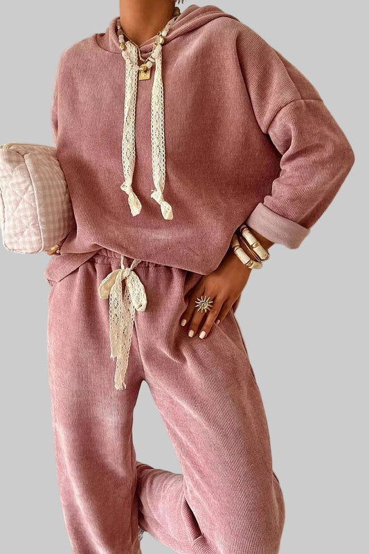 Lace Detail Dropped Shoulder Hoodie and Pants Set Dusty Pink / S Trendsi