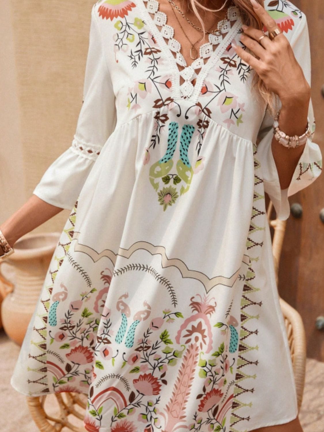 Lace Detail Printed Three-Quarter Sleeve Dress The Nichole Collection