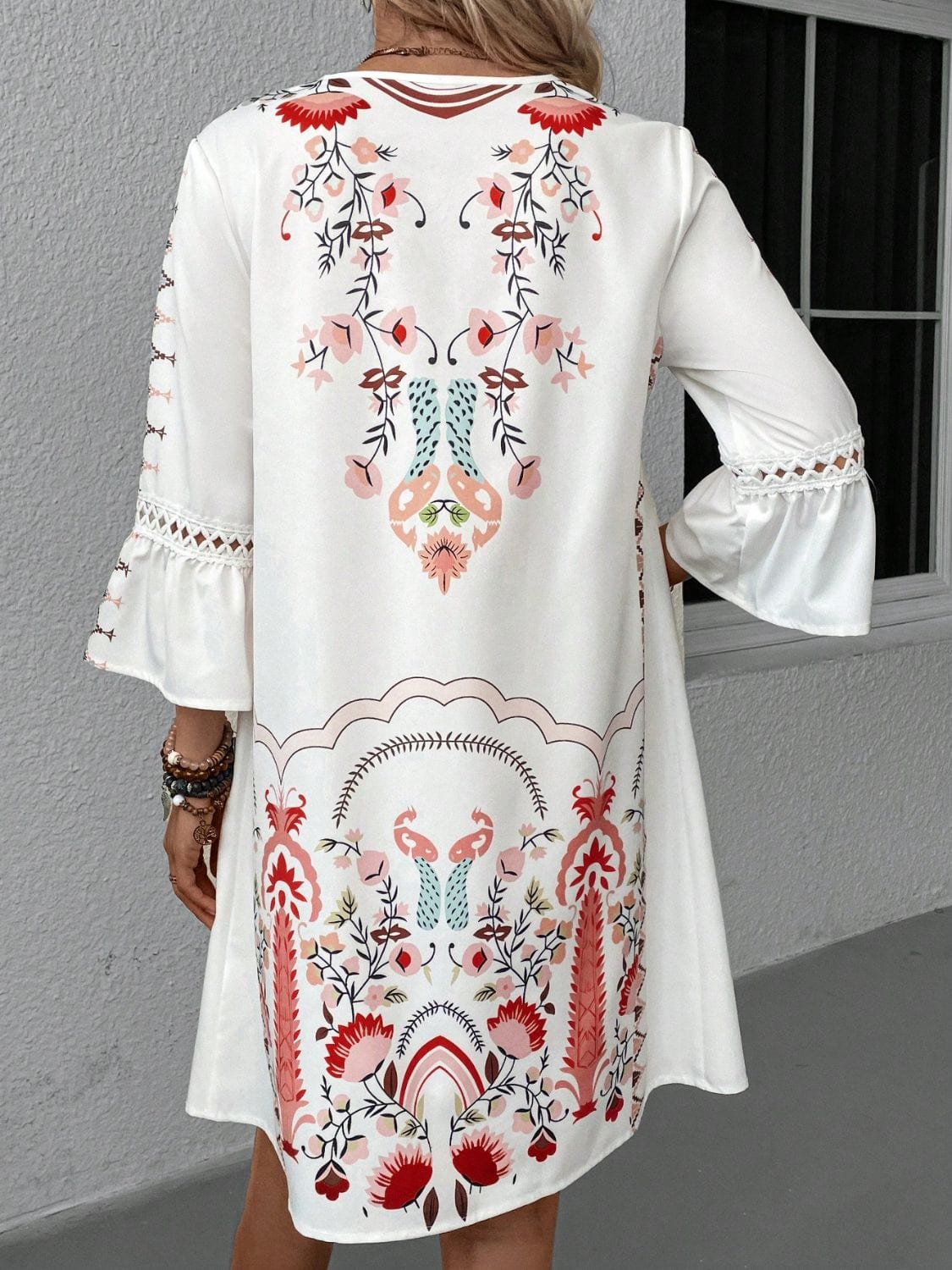Lace Detail Printed Three-Quarter Sleeve Dress The Nichole Collection