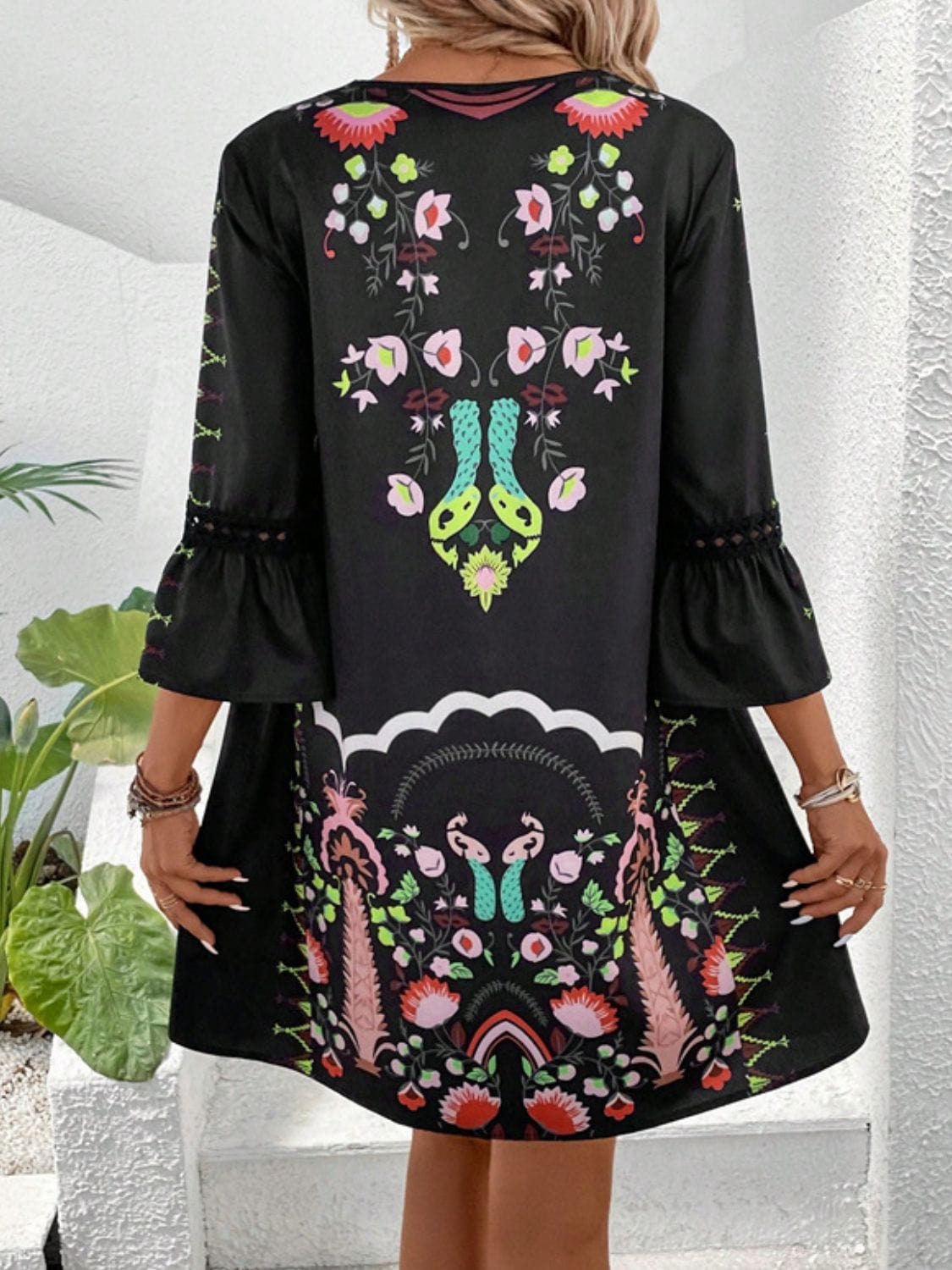 Lace Detail Printed Three-Quarter Sleeve Dress The Nichole Collection